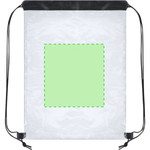 A transparent drawstring bag with a black top and black cords, featuring a green outlined square in the centre.