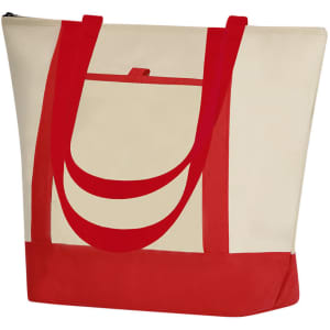 A cream cooler bag with red handles and a red base. The bag features a logo on the front.