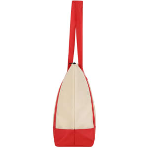 A cooler bag in red and cream with a long strap and a logo.