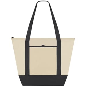 A cooler bag featuring a cream body and black straps, with a zip closure and front pocket, includes a logo.