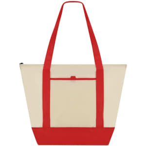 A cream cooler bag with red straps and base, featuring a front pocket and a zip closure.