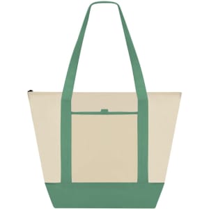 A cooler bag in cream and green, featuring long straps and a front pocket, with a small logo on it.