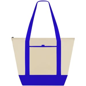 A cooler bag featuring a cream body with blue straps and a front pocket, complete with a logo.