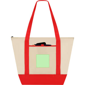 A beige and red cooler bag with long handles and a front pocket featuring a logo.