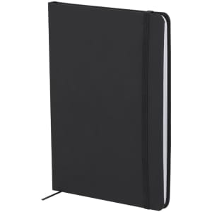A black notepad with a sturdy cover, elastic band, and a ribbon bookmark. It features a branding logo.