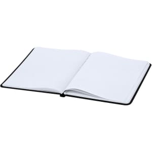 A notepad with a black cover, open to reveal blank white pages, featuring a small logo on the front.