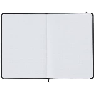 A black notepad with a hard cover, featuring blank dotted pages inside. Contains a ribbon bookmark and a logo.