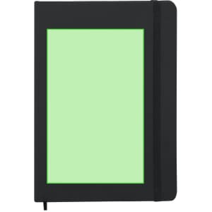 A black notepad with a green interior and a black elastic band, featuring a logo on the cover.