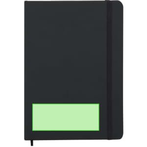 A black notepad featuring a green rectangular area and an elastic closure. It has a logo on the cover.