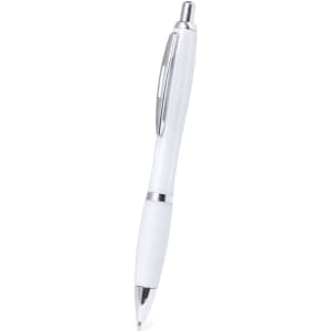 A white plastic pen with a chrome accent and a soft grip, featuring a branding logo.