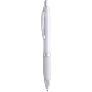 A white plastic pen with silver accents and a clip, featuring a sleek design. It has a branding logo.