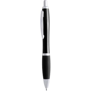 A black and silver plastic pen with a sleek design and a clip, featuring a logo on the barrel.
