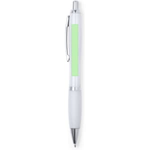 A plastic pen with a white body and a green accent section, featuring a silver clip and tip.