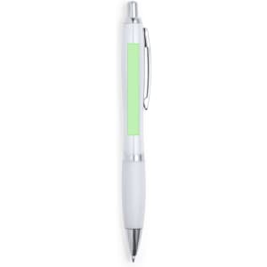 A plastic pen in white with a soft green grip and a silver clip, featuring a blank area for branding.