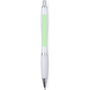 A white plastic pen with a green accent and chrome detailing, featuring a logo.