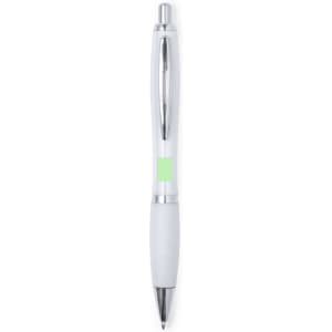 A plastic pen with a white body, chrome accents, and a green section on the grip. It features a logo.