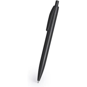 A plastic pen in black with a sleek design and a logo on the barrel.