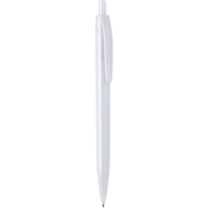 A white plastic pen featuring a clip and a pointed tip, with branding visible on the body.