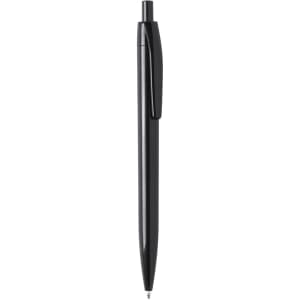 A black plastic pen with a sleek design and a clip, featuring a simple logo.