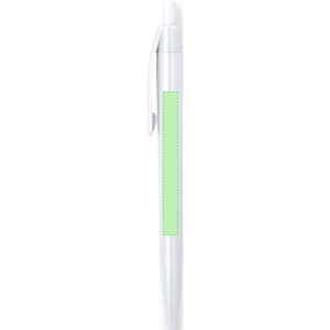 A white plastic pen with a green accent and a clip. The pen features a space for branding or customisation.