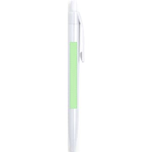 A plastic pen in white with a green accent and a space for branding or customisation.