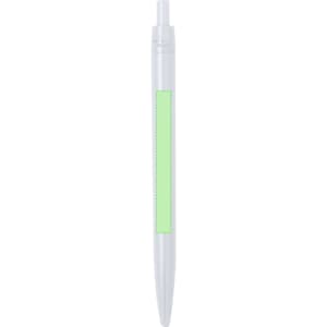 A plastic pen in white with a green area for branding or design. The pen has a click mechanism at the top.