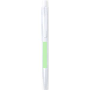 A plastic pen in transparent white with a green accent and a logo on the barrel.