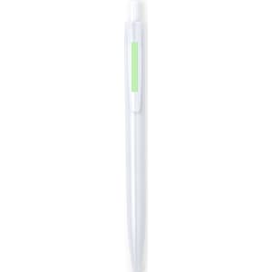 A plastic pen in white with a green accent featuring a logo.