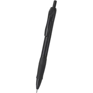 A black plastic pen with a grip and a clip, featuring a simple design and a logo on its body.