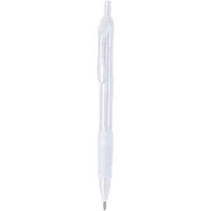 A plastic pen in clear and white, featuring a simple design and a logo on the barrel.