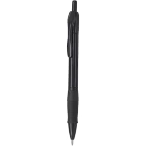 A black plastic pen with a grip and a clip, featuring a subtle logo.