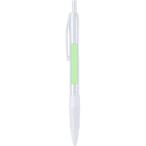 A white plastic pen with a green accent and a grip section. The pen features a branding logo.