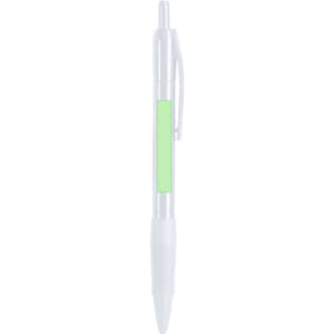 A plastic pen in white and green, featuring a grip and a clip. Includes branding on the barrel.