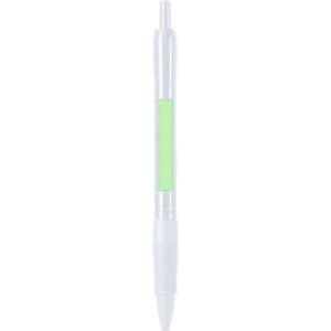 A plastic pen in white with a green grip section and a logo on the barrel.