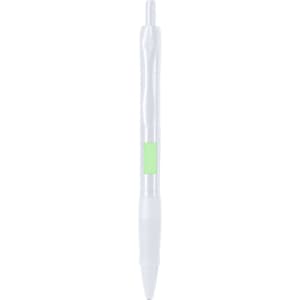 A plastic pen in white with a green accent, featuring a grip and a silver nib. It has a branding logo.