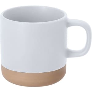 A coffee mug featuring a white upper section and a tan bottom. It has a sturdy handle and a smooth finish.