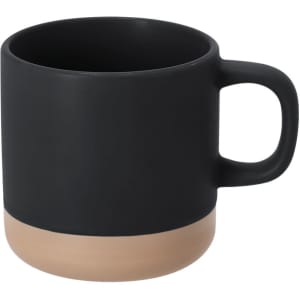 A drink mug featuring a matte black finish with a tan base and a sturdy handle. It has a simple design and logo.