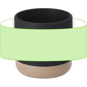 A coffee mug in black with a light beige base, featuring a logo on its surface.