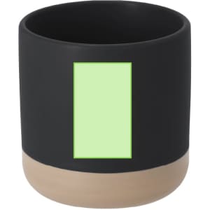 A coffee mug with a matte black finish and a beige base, featuring a blank area for branding.