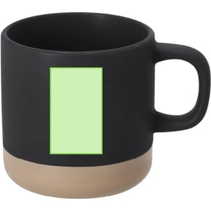 A coffee mug featuring a matte black finish with a beige base and a blank area for customisation.