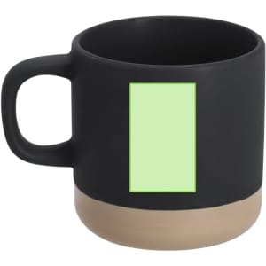 A drinkware coffee mug in black with a natural beige base and a blank area for custom branding.