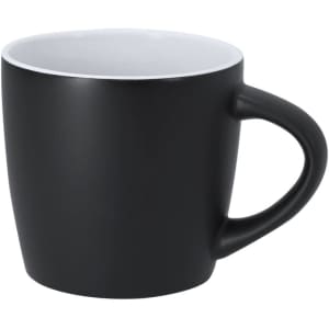 A black coffee mug with a smooth finish and a curved handle, featuring a contrasting white interior.