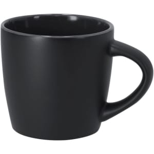 A black drinkware mug with a curved handle and a smooth matte finish. It features a logo on the side.