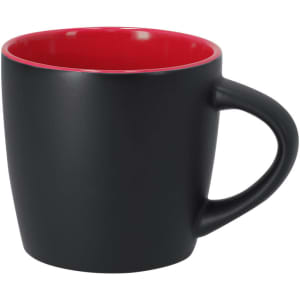 A black coffee mug with a red interior and a rounded handle, featuring a branding logo.