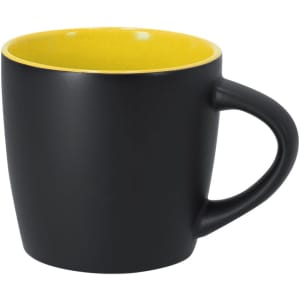 A coffee mug featuring a matte black exterior and a bright yellow interior, with a curved handle and a branding logo.