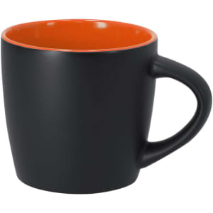 A coffee mug featuring a matte black exterior and a vibrant orange interior, with a rounded handle and a logo.