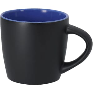 A drinkware coffee mug with a matte black exterior and a glossy blue interior. It features a curved handle.