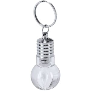 A keyring torch in a light bulb shape with a chrome finish and clear body, featuring a keychain attachment.