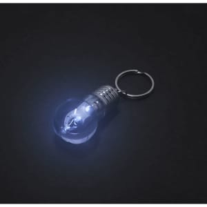 A silver keyring torch shaped like a light bulb with a blue LED light. It features a keychain attachment.