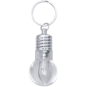 A silver keyring torch designed to resemble a light bulb, featuring a clear glass bulb and a metal keyring attachment.